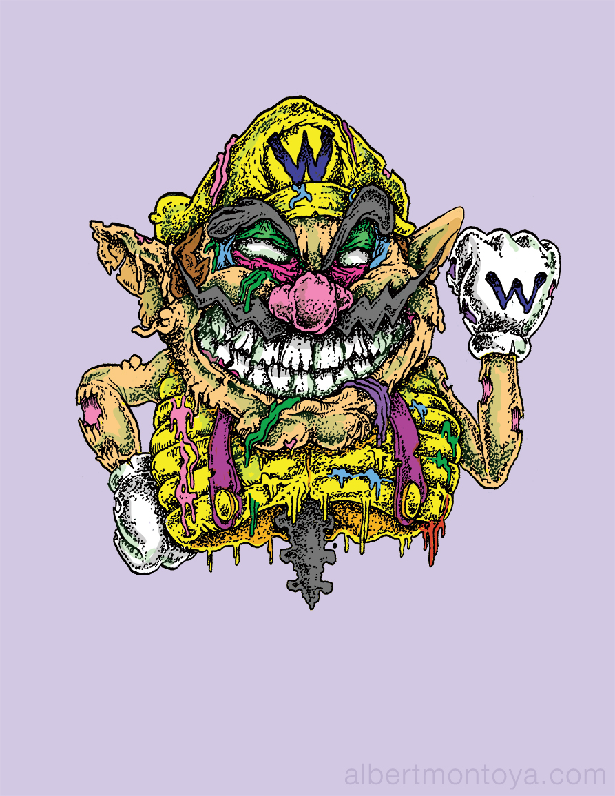 Mixed media illustration, 2015. Undead Wario