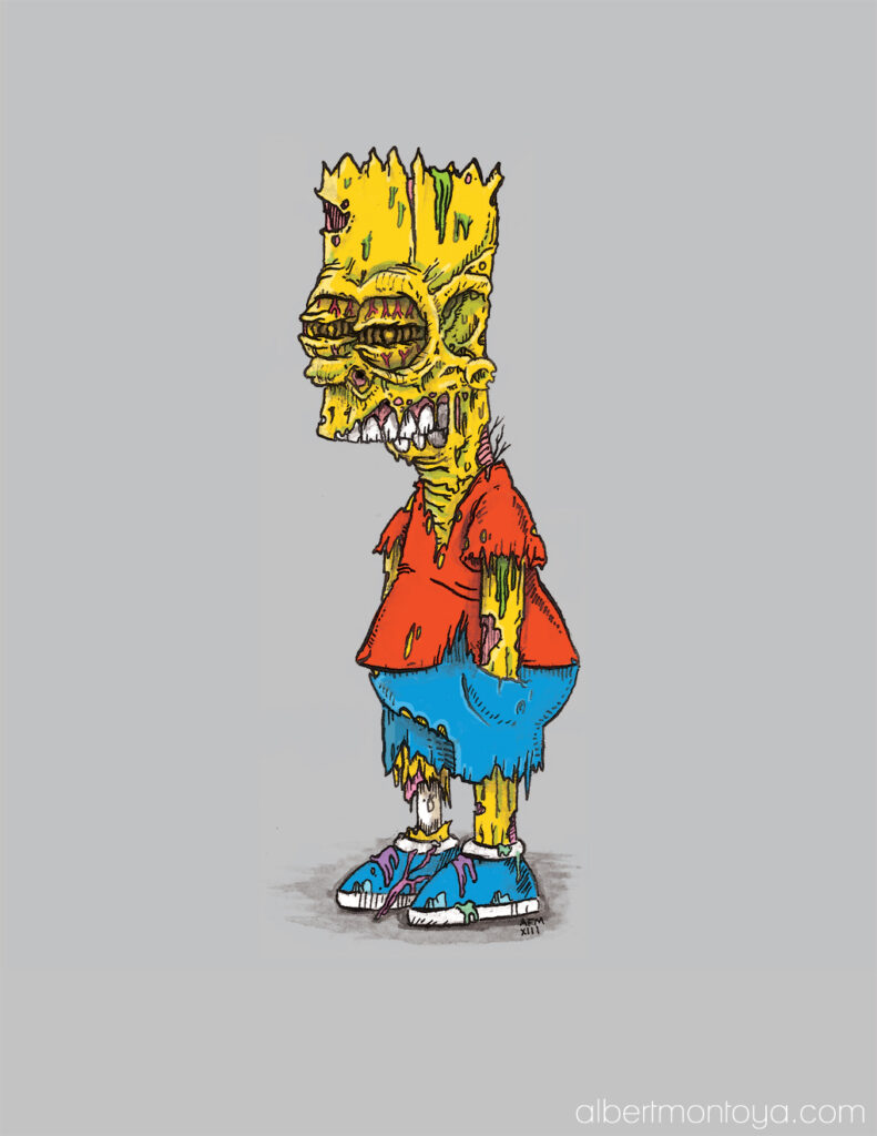 Adults Suck, Then You Are One!: Bart Simpson Embraces the Dark Side in a Zombified Transformation Prepare to be both captivated and unsettled as the mischievous Bart Simpson from “The Simpsons” takes a haunting turn in Albert F. Montoya Jr.’s mixed media masterpiece, titled “Adults Suck, Then You Are One!” In this chilling illustration, the iconic animated troublemaker undergoes a nightmarish transformation that explores the rebellious spirit of youth and the descent into the realm of the undead. Montoya’s artistic prowess breathes life into the zombified Bart Simpson with bone-chilling precision. Bart’s once-jaunty demeanor is twisted into a sinister reflection of his former self. His signature spiky hair, once a symbol of his rebellious nature, now stands in disarray, matted with filth and decay. His mischievous eyes, once brimming with mischief, have turned into vacant orbs that betray a darker existence. Every stroke of Montoya’s brush reveals the intricate details of Bart’s zombified form. His youthful features, now distorted and contorted, evoke a sense of unease. His toothy grin, once playful, is now filled with razor-sharp fangs that hint at the insatiable hunger that consumes him. In “Adults Suck, Then You Are One!”, Montoya skillfully employs mixed media techniques to amplify the eerie atmosphere. Subtle textures and hints of color create an otherworldly palette, enveloping the viewer in a sense of foreboding. The contrast between the familiar and the macabre serves as a haunting reminder of the dark depths to which the rebellious spirit can descend. This artistic creation challenges our perception of youth and rebellion, delving into the complexities that arise when innocence collides with the forces of darkness. Montoya’s striking piece explores the very essence of Bart Simpson, where youthful defiance merges with the eerie allure of the undead. Prepare to be enthralled and disturbed as you bear witness to the zombified incarnation of Bart Simpson in “Adults Suck, Then You Are One!” Brace yourself for a journey into the heart of darkness, where the line between childhood and corruption blurs and the familiar becomes a grotesque nightmare. Surrender to the eerie allure of this captivating artwork and confront the chilling reflection of your own descent into adulthood. Mixed media illustration, 2013.