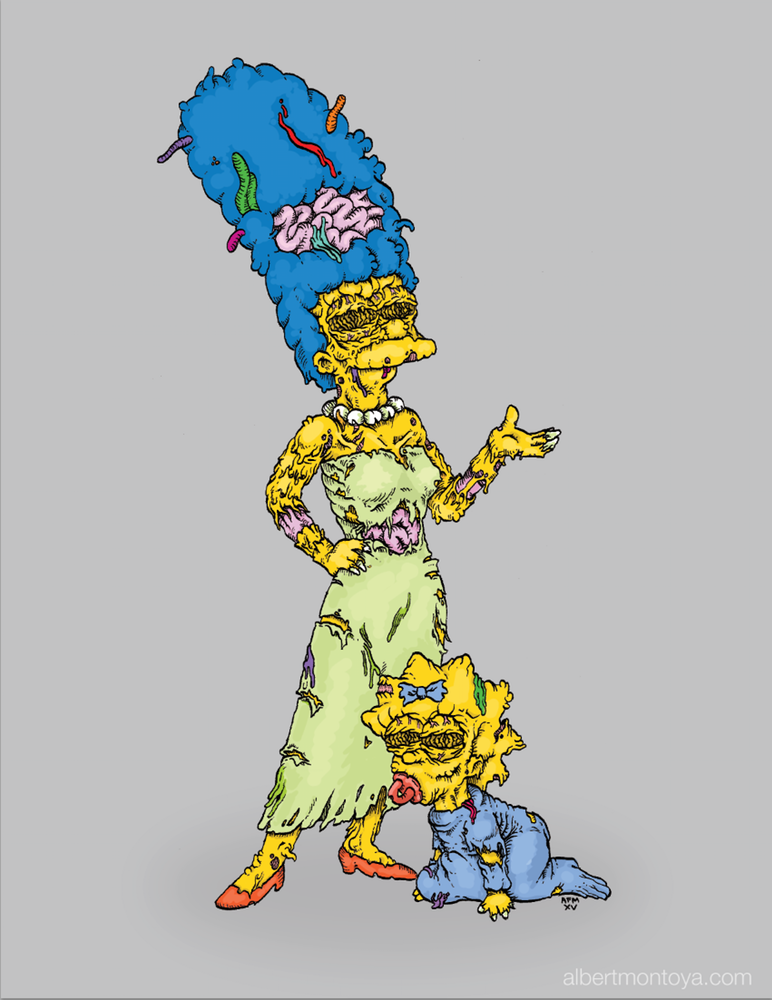 Mom Knows Best: Marge and Maggie Simpson Unleash Undead Maternal Love Enter a realm of chilling paradox where maternal love takes a ghastly form as Marge and Maggie Simpson, the endearing mother-daughter duo from “The Simpsons,” are transformed into the haunting “Mom Knows Best.” Renowned artist Albert F. Montoya Jr. delves into the macabre, exploring the depths of undying love and the shadows that lurk within. In this mesmerizing mixed media illustration, Montoya breathes new life into the beloved characters, casting them into a world where the bond of motherhood becomes entangled with the terrors of the undead. Montoya’s meticulous artistry unveils a dark metamorphosis of Marge and Maggie Simpson, capturing their zombified essence with haunting precision. Marge, the ever-patient and compassionate matriarch, stands transformed, her signature blue hair now disheveled and matted with decay. Her once-endearing gaze now hollow and vacant, yet radiating an otherworldly intensity that pierces the soul. Beside her, young Maggie, typically a picture of innocence and curiosity, has undergone a haunting transformation. The child’s playful spirit has given way to a chilling aura, her pacifier replaced by jagged teeth that reflect her newfound hunger for the living. Though a zombified embodiment, the undeniable bond between mother and daughter endures, captured in the haunting tableau of “Mom Knows Best.” Montoya’s choice of mixed media further enhances the ethereal quality of the artwork. Subtle textures and shades create an atmosphere that teeters between the familiar and the macabre, drawing viewers deeper into the unsettling embrace of the piece. “Mom Knows Best” challenges conventional perceptions of love and family, delving into the complexities that lie beneath the surface. Montoya’s creation serves as a haunting reminder that even in the darkest corners of existence, the power of a mother’s love remains unyielding, transcending even the confines of death itself. Step into the world of “Mom Knows Best” and bear witness to the entwined embrace of mother and daughter, forever caught between the warmth of familial love and the icy grip of the undead. Brace yourself for an evocative journey that will make you question the boundaries of devotion and the depths to which it can endure.Mixed media illustration, 2015.