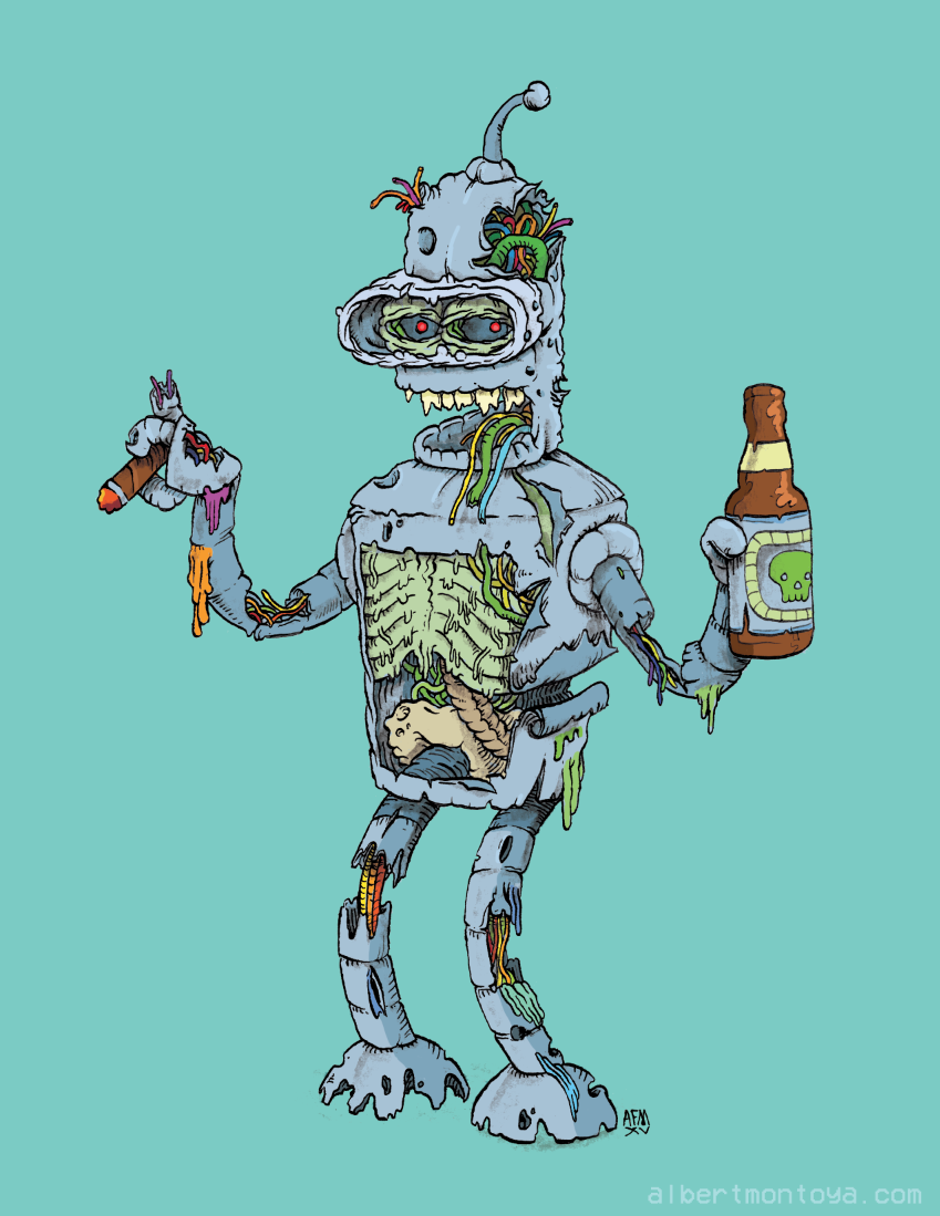 Zombie Bender: Unleashing Futurama’s Most Diabolical Robot in a Terrifying Transformation Prepare yourself for a mind-bending descent into darkness as the iconic Bender Bending Rodríguez from the animated series “Futurama” is resurrected as the grotesque “Zombie Bender,” brought to life by the macabre imagination of the exceptionally talented artist, Albert F. Montoya Jr. In this bone-chilling mixed media illustration, Montoya defies the boundaries of the animated realm, unleashing a horrifying fusion of science fiction and horror that will leave you trembling in awe. Bender, the mischievous and self-centered bending robot with a penchant for vice, has undergone an unholy metamorphosis in Montoya’s twisted vision. Prepare to be riveted as you witness the twisted manifestation of Bender’s robotic essence transformed into a nightmarish monstrosity. Montoya’s keen eye for detail and mastery of mixed media craft a truly terrifying incarnation of Zombie Bender. His once-shiny metal exterior is now corroded and covered in patches of decaying flesh, revealing the grotesque nature of his transformation. The familiar bends and curves of his robotic body are distorted and warped, as if wrought by the twisted hands of an otherworldly force. Zombie Bender’s menacing visage is a sight to behold. His glowing, malevolent eyes pierce through the darkness, reflecting the insatiable hunger that consumes him. Sharp, serrated teeth jut out from his mangled mouth, ready to sink into unsuspecting victims. And his metallic fists, once tools of bending and mischief, are now formidable weapons of destruction, exuding an aura of pure malevolence. As you explore Montoya’s chilling creation, you’ll notice the remnants of Bender’s iconic accessories, now imbued with an eerie energy. His signature antenna crackles with an unsettling glow, while his trusty cigar smolders with an otherworldly fire, serving as a haunting reminder of the robot’s past life. “Zombie Bender” is a testament to the dark allure of the undead, where humor and horror collide in a mesmerizing display. Montoya’s masterpiece invites you to confront the twisted depths of Bender’s robotic soul, where vice and corruption intertwine in a dance of nightmarish proportions. Get ready to be enthralled and unsettled as you bear witness to the resurrection of Bender Bending Rodríguez in the form of “Zombie Bender.” Brace yourself for a journey into the heart of darkness, where the line between man and machine blurs and the familiar becomes a grotesque nightmare. Surrender to the terror that awaits within this captivating artwork and prepare to be forever changed. Mixed media illustration, 2015.