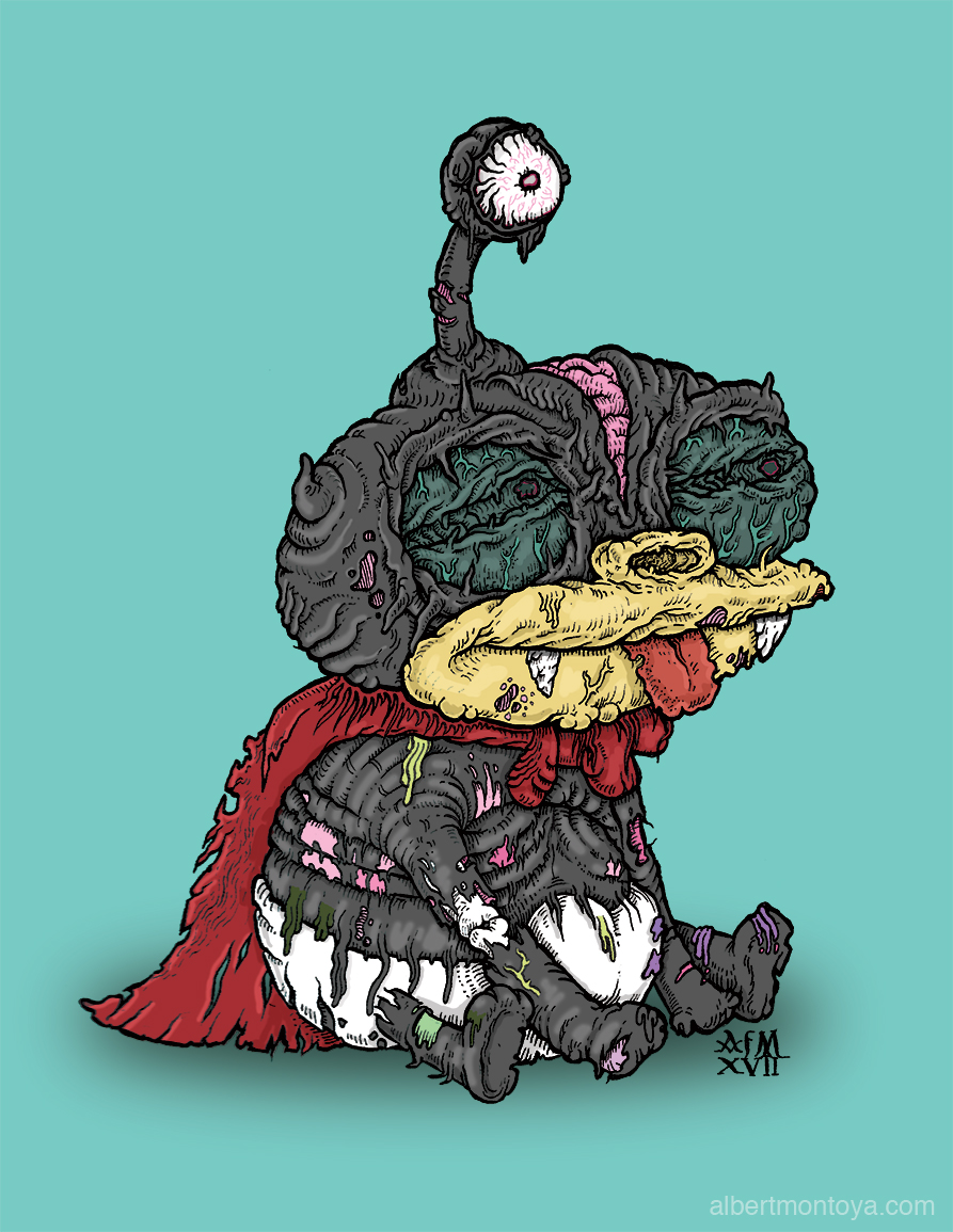 Zibbler: Unleashing Lord Nibbler’s Undead Wrath in a Chilling Transformation Witness the nightmarish metamorphosis of Lord Nibbler from the beloved animated series “Futurama” as the exceptionally talented Albert F. Montoya Jr. breathes life into the terrifying creation known as “Zibbler.” Prepare yourself for a spine-tingling experience as Montoya’s mixed media illustration plunges you into a world where cuteness turns to horror and innocence is corrupted by the insidious clutches of the undead. Lord Nibbler, the enigmatic Nibblonian and secret guardian of the universe, has been forever changed in this haunting depiction. In Montoya’s masterful rendering, we bear witness to the gory transformation of this once-adorable extraterrestrial creature into a malevolent force that defies comprehension. Montoya’s meticulous attention to detail brings forth the macabre beauty of Zibbler. Lord Nibbler’s once cherubic features are now twisted and grotesque, his fur matted and dripping with the remnants of his innocent existence. The vibrant colors of his original form are now faded and decayed, with patches of necrotic skin exposing the sinister decay that has consumed him. In this nightmarish vision, Zibbler’s large, innocent eyes are now hollow voids, radiating an eerie luminescence that pierces the darkness. The jagged teeth jutting from his ravenous maw are a stark reminder of the insatiable hunger that drives his undead existence. Claws once used for playful mischief are now gnarled and elongated, capable of inflicting unspeakable horror upon any unfortunate soul that crosses his path. As you delve deeper into Montoya’s artistic creation, you’ll notice the remnants of Nibbler’s cosmic insignia, now marred and tarnished by the malevolence that consumes him. The crumbling ruins and ominous shadows in the background hint at a post-apocalyptic landscape, a grim testament to the devastation Zibbler has wrought. “Zibbler” is a haunting tribute to the darker side of our animated favorites, reminding us that even the most seemingly innocent and noble creatures can succumb to the darkness that lurks within. Montoya’s chilling illustration serves as a portal into a realm where cuteness is perverted, where the innocent become harbingers of terror. Prepare to be enthralled and horrified as you bear witness to the resurrection of Lord Nibbler in the form of “Zibbler.” Explore the depths of his undead wrath and confront the terror that awaits within this unnerving masterpiece. Brace yourself for a journey that will challenge your perception of the familiar and plunge you into a world where the line between cuteness and horror is irrevocably blurred.Mixed media illustration, 2017.