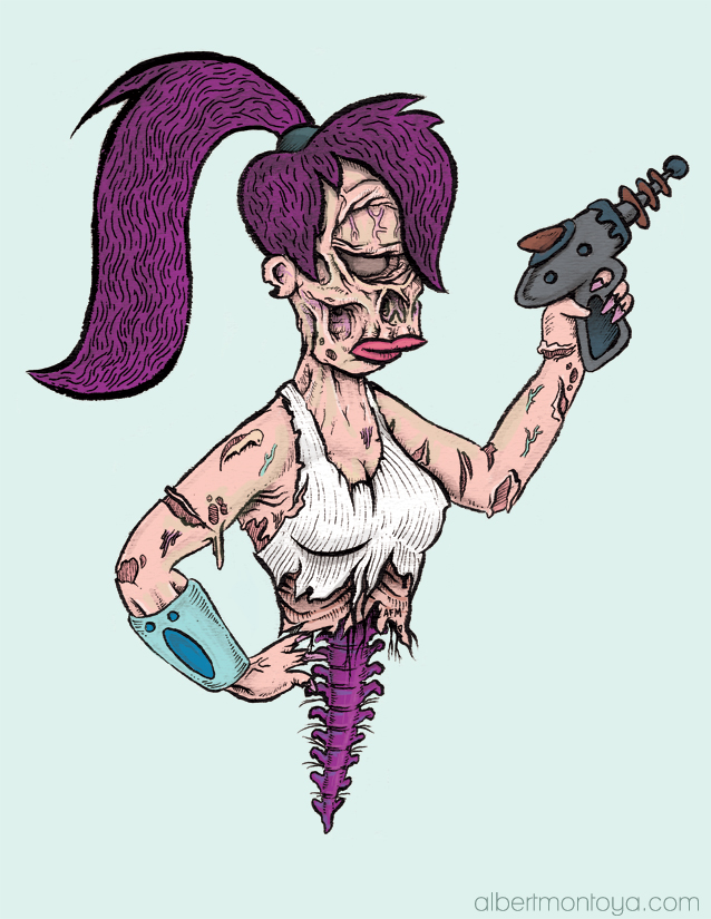 Leela Zombie: A Haunting Transformation of Turanga Leela from the Depths of Futurama’s UnderworldPrepare to be both captivated and chilled as the iconic Turanga Leela emerges from the dark realms of Futurama, transformed into a haunting specter known as “Leela Zombie.” In this mesmerizing mixed media illustration, the brilliantly twisted mind of Albert F. Montoya Jr. gives life to an eerie fusion of science fiction and horror, showcasing the gory beauty of this macabre creation. Leela, the one-eyed mutant and the fiercely determined captain of the Planet Express delivery crew, has long been celebrated for her unwavering bravery, sharp wit, and unparalleled martial arts skills. However, in Montoya’s grim reimagining, she has fallen victim to a sinister force that transcends the boundaries of the animated universe. Montoya’s meticulous attention to detail is on full display, as every stroke and shade captures the essence of horror while paying homage to the distinctive style of Matt Groening’s Futurama. Leela Zombie stands tall and menacing, her once vibrant purple hair now a tangled mass of decayed strands, cascading down her cadaverous face. Her single cyclopean eye glows with a malevolent, otherworldly light, reflecting the torment that lies within her zombified existence. As you delve deeper into the artwork, you’ll notice Leela Zombie’s tattered uniform, shredded and stained with the remnants of battles fought and lives lost. Her menacing claws, once honed for precision, now bear the marks of relentless hunger for human flesh. Yet, despite her undead transformation, the resilience and strength that defined Leela in her original form remain evident, as she defiantly brandishes a ray gun, a stark reminder of her unwavering determination to survive. “Leela Zombie” serves as a captivating reminder that even our beloved characters are not immune to the perils of the unknown. Montoya’s creation breathes new life into the well-known world of Futurama, transporting us to a dimension where science fiction meets horror in a bone-chilling fusion. This illustration invites us to confront our deepest fears, challenging us to embrace the darkness and find beauty even in the most unexpected and eerie of places. So, dare to embark on this terrifying journey alongside Turanga Leela as she navigates the uncharted territory of the undead. Prepare to be mesmerized by the ghastly allure of “Leela Zombie,” where the familiar becomes frightful and the once-heroic becomes hauntingly grotesque. Mixed media, 2013. Prints available here!