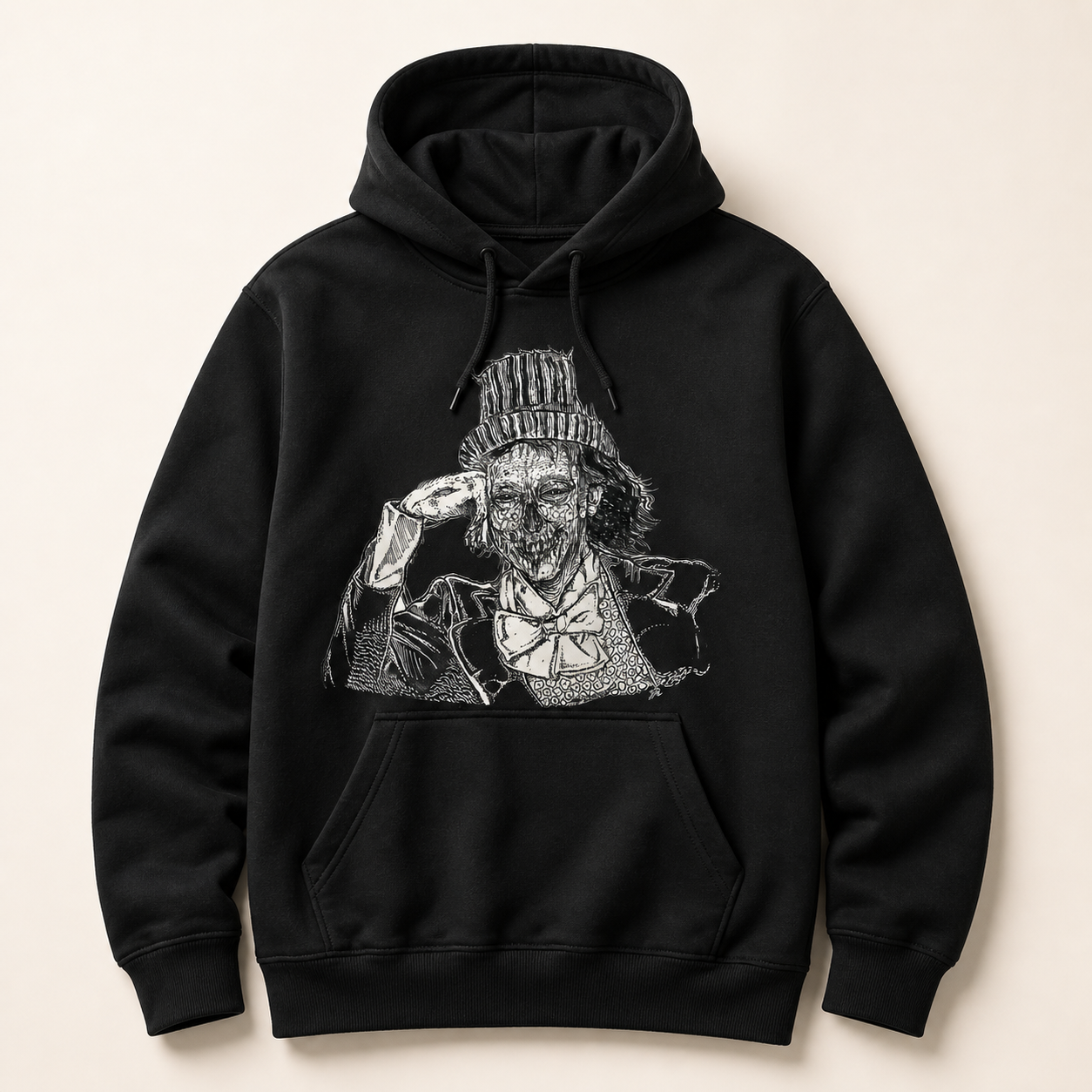 Black pullover hoodie mockup with Undead Wonka artwork