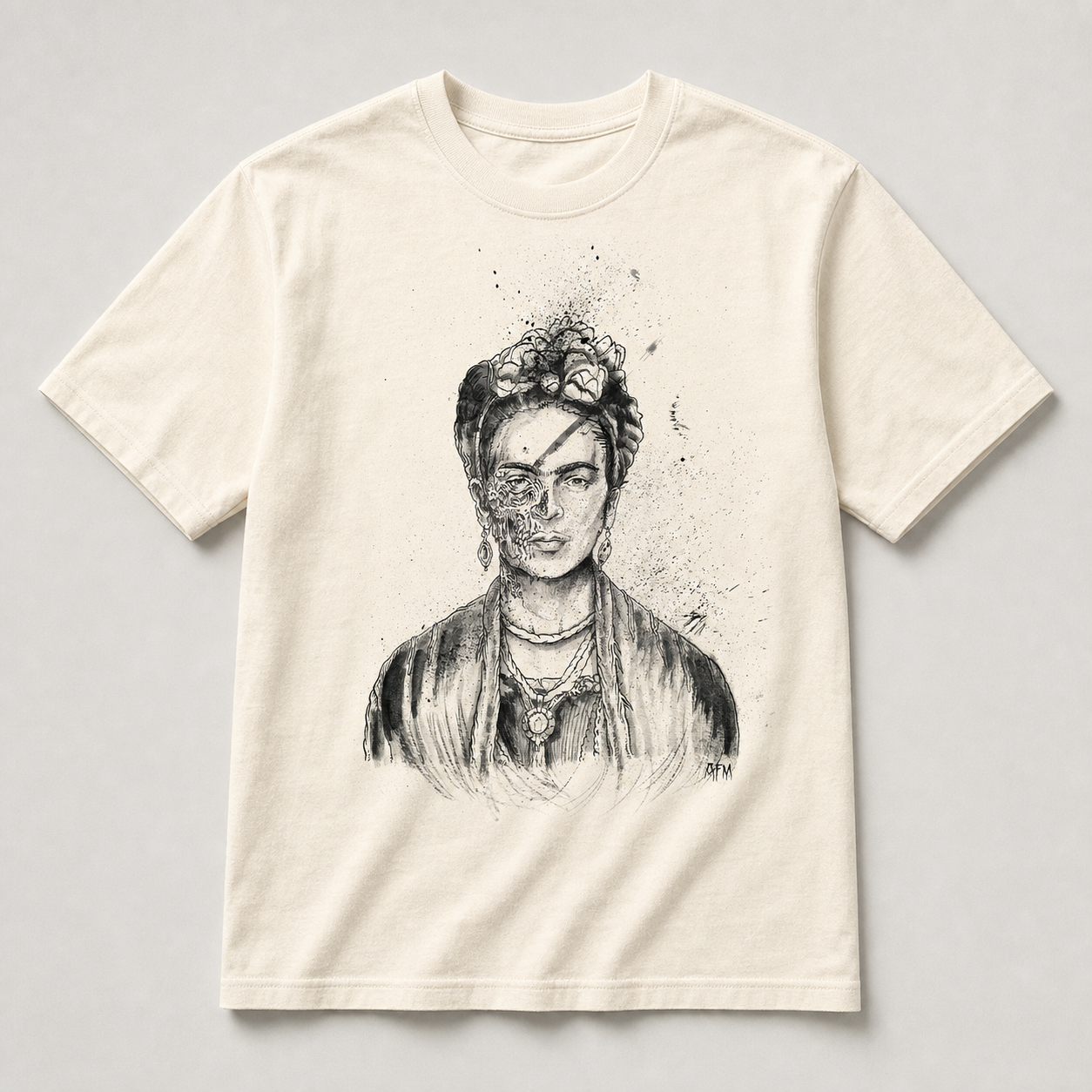 Cream T-shirt mockup with Frida portrait artwork