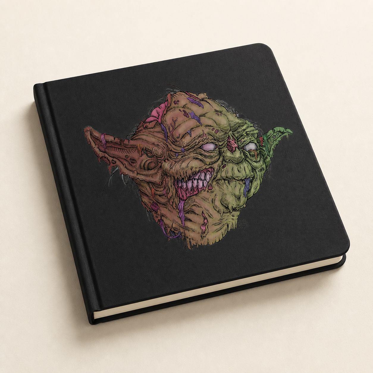 Black hardcover sketchbook mockup with Zombie Yoda artwork